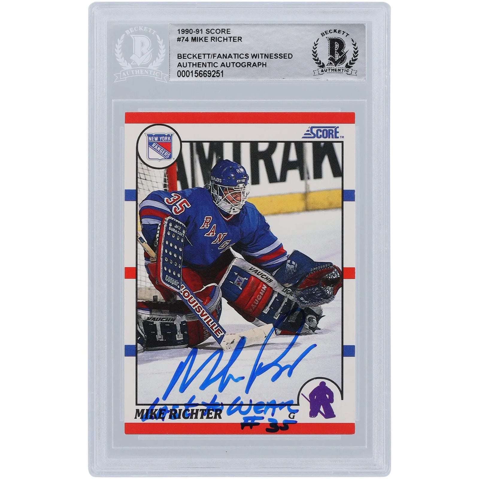 Mike Richter New York Rangers Autographed 1990-91 Score #74 Beckett Fanatics Witnessed Authenticated Rookie Card with "LAST TO WEAR #35" Inscription - F2