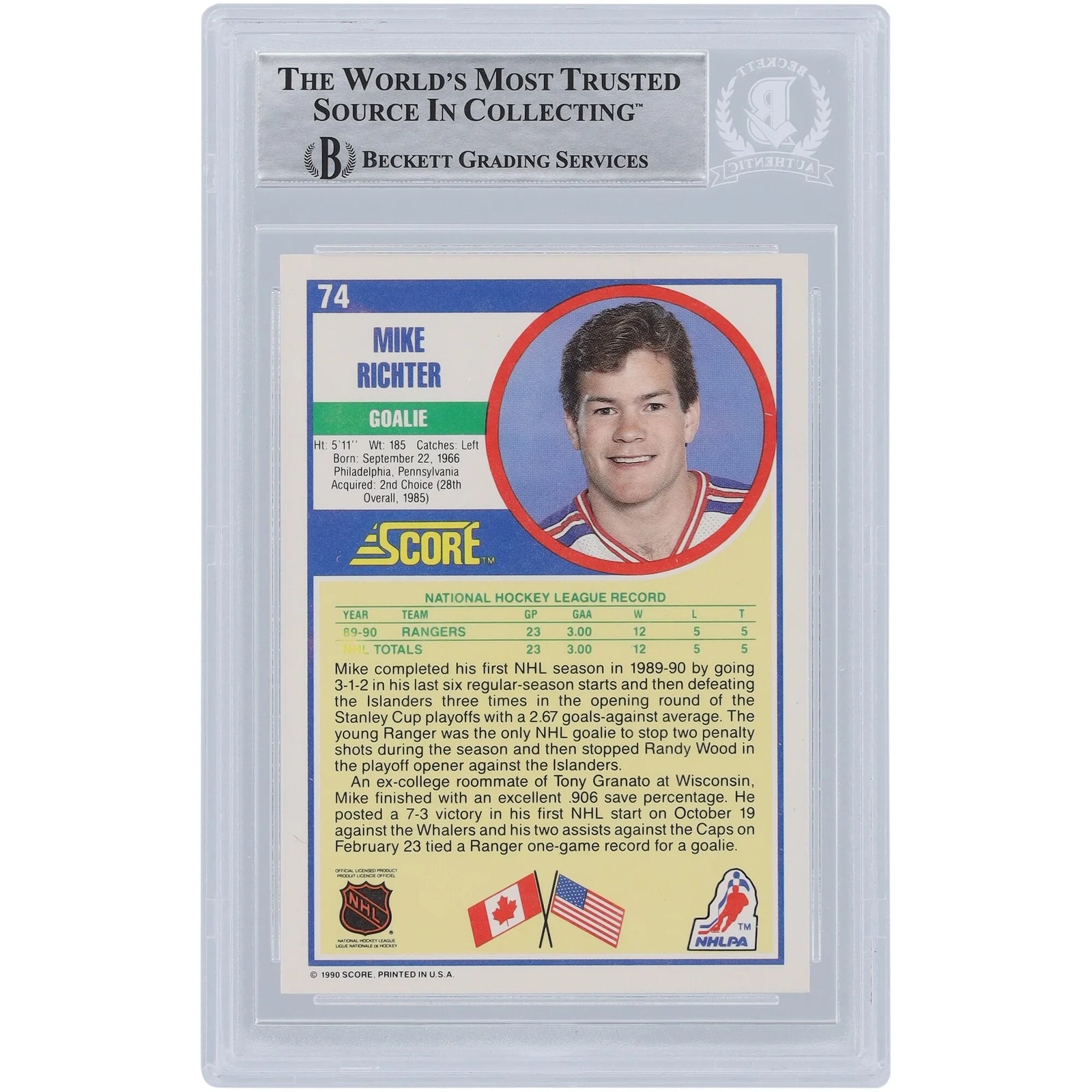 Mike Richter New York Rangers Autographed 1990-91 Score #74 Beckett Fanatics Witnessed Authenticated Rookie Card with "LAST TO WEAR #35" Inscription - F2