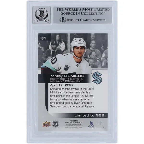 Matty Beniers Signed 2021-22 Upper Deck Game Dated Moments Rookie #81 Card | Beckett 9