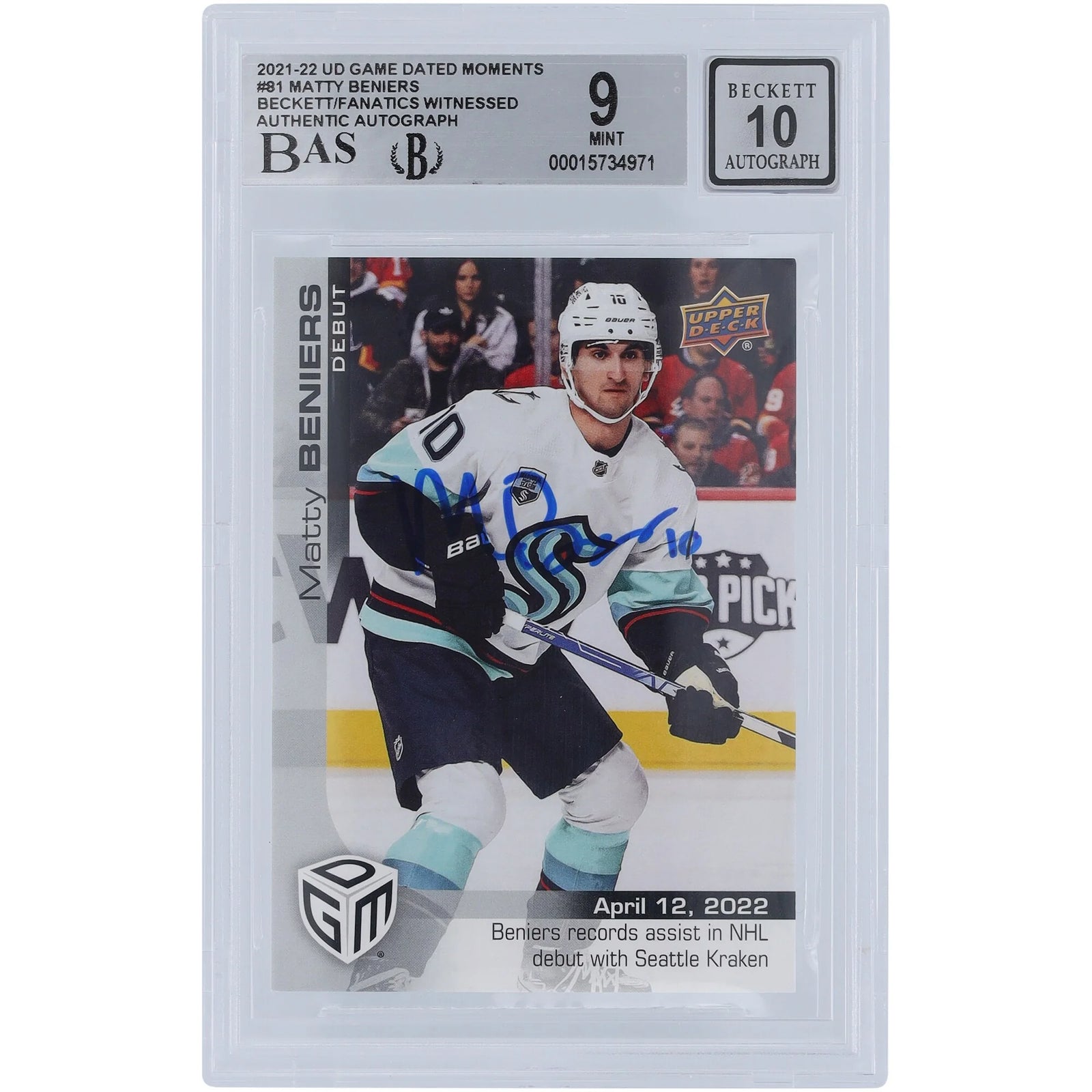 Matty Beniers Signed 2021-22 Upper Deck Game Dated Moments Rookie #81 Card | Beckett 9