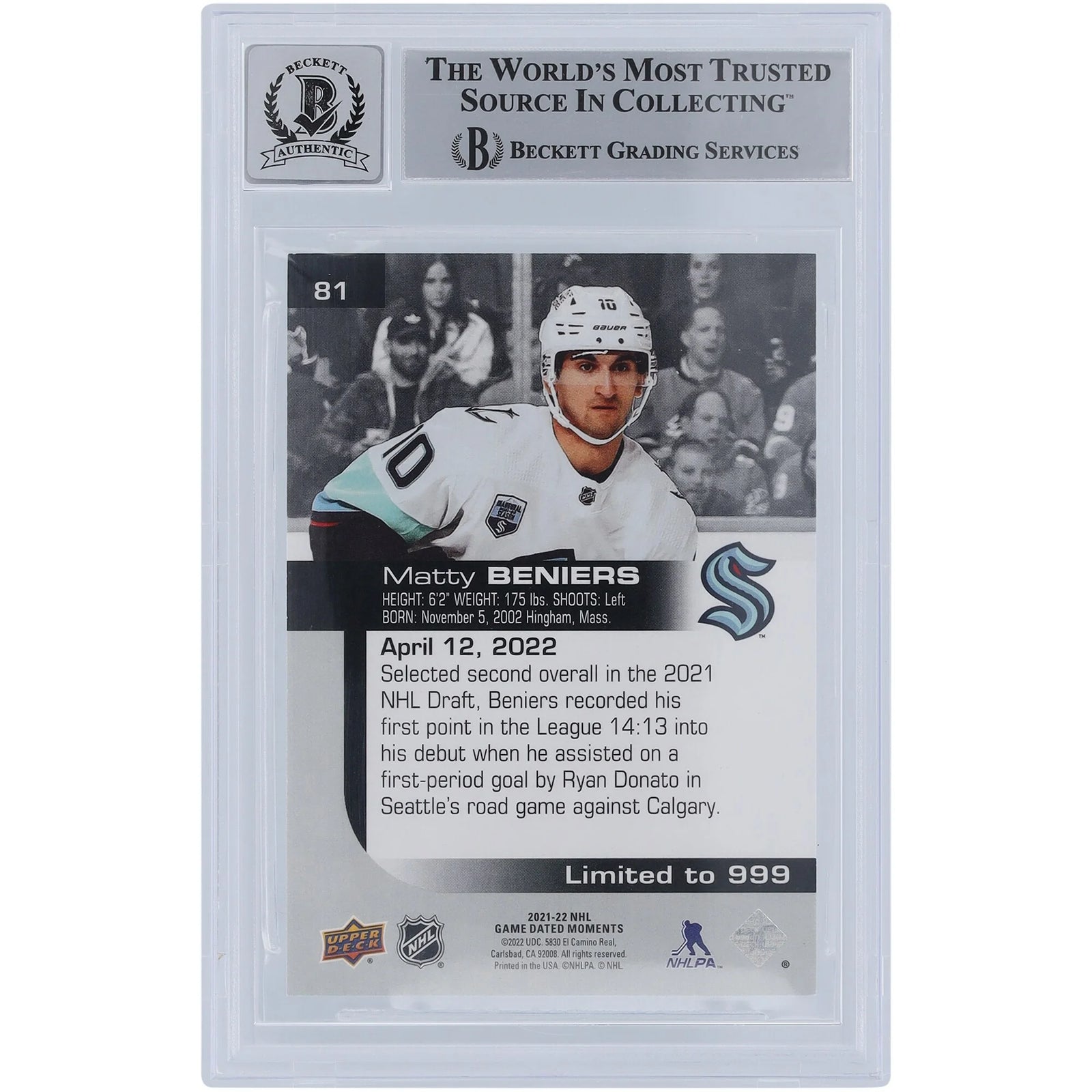 Matty Beniers Signed 2021-22 Upper Deck Game Dated Moments Rookie #81 Card | Beckett 9