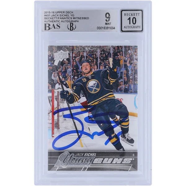 Jack Eichel Signed 2015-16 Upper Deck Young Guns #451 Rookie Card | Beckett 9