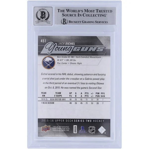 Jack Eichel Signed 2015-16 Upper Deck Young Guns #451 Rookie Card | Beckett 9