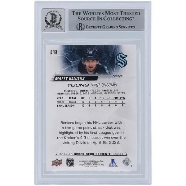 Matty Beniers Signed 2022-23 Upper Deck Young Guns #213 Rookie Card | Graded 10