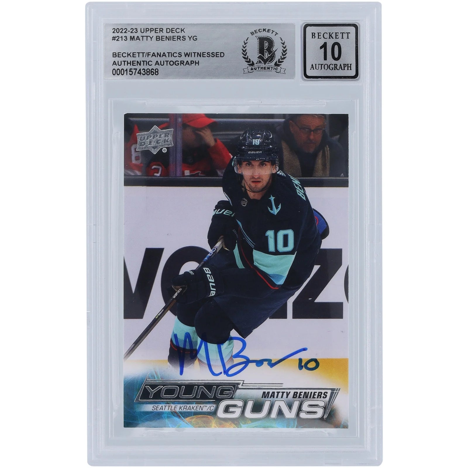 Matty Beniers Signed 2022-23 Upper Deck Young Guns #213 Rookie Card | Graded 10