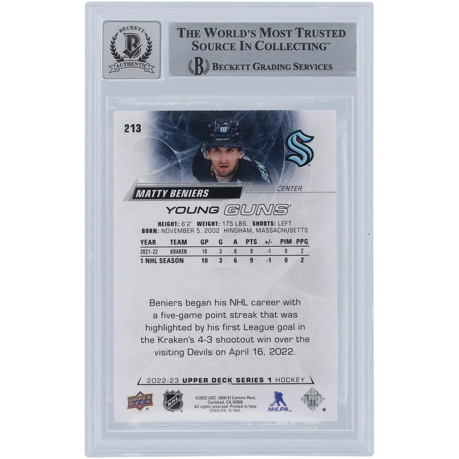 Matty Beniers Signed 2022-23 Upper Deck Young Guns #213 Rookie Card | Graded 10