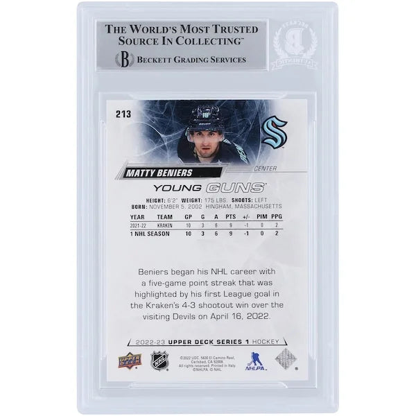 Matty Beniers Signed 2022-23 Upper Deck Young Guns #213 | 2023 Calder Inscription