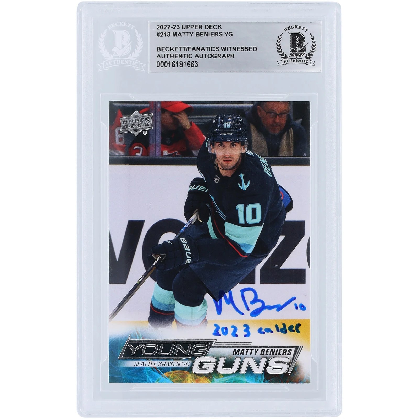 Matty Beniers Signed 2022-23 Upper Deck Young Guns #213 | 2023 Calder Inscription