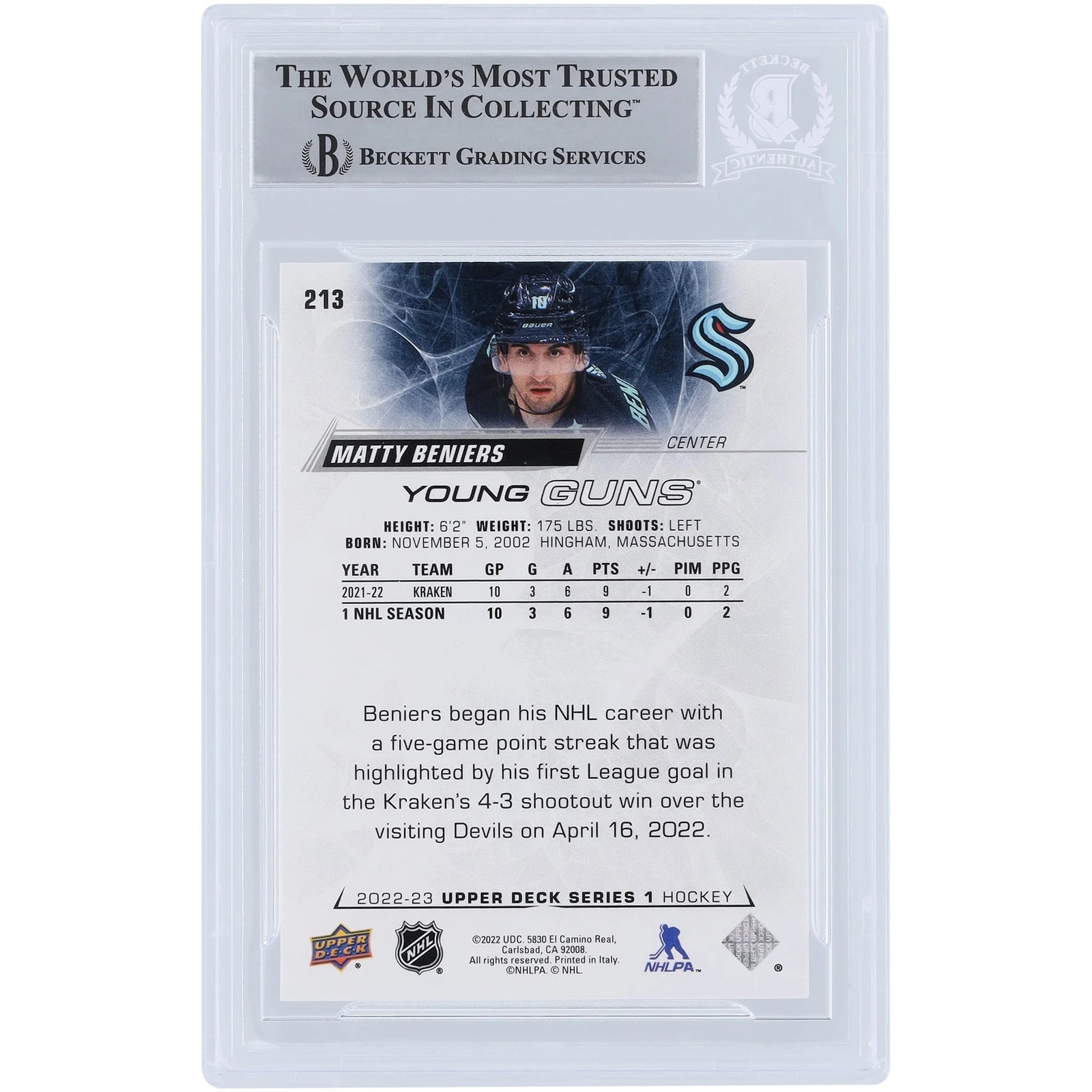 Matty Beniers Signed 2022-23 Upper Deck Young Guns #213 | 2023 Calder Inscription