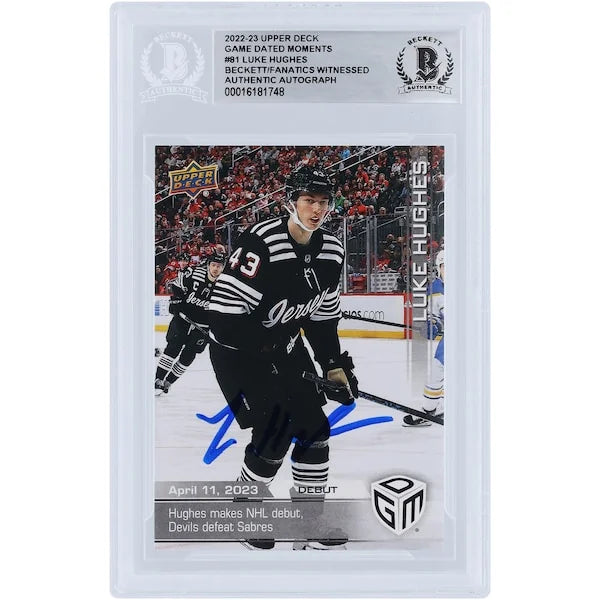 Luke Hughes Signed 2022-23 Upper Deck Game Dated Moments Rookie #81 Card | NHL Debut