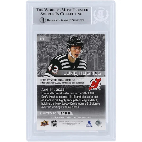 Luke Hughes Signed 2022-23 Upper Deck Game Dated Moments Rookie #81 Card | NHL Debut