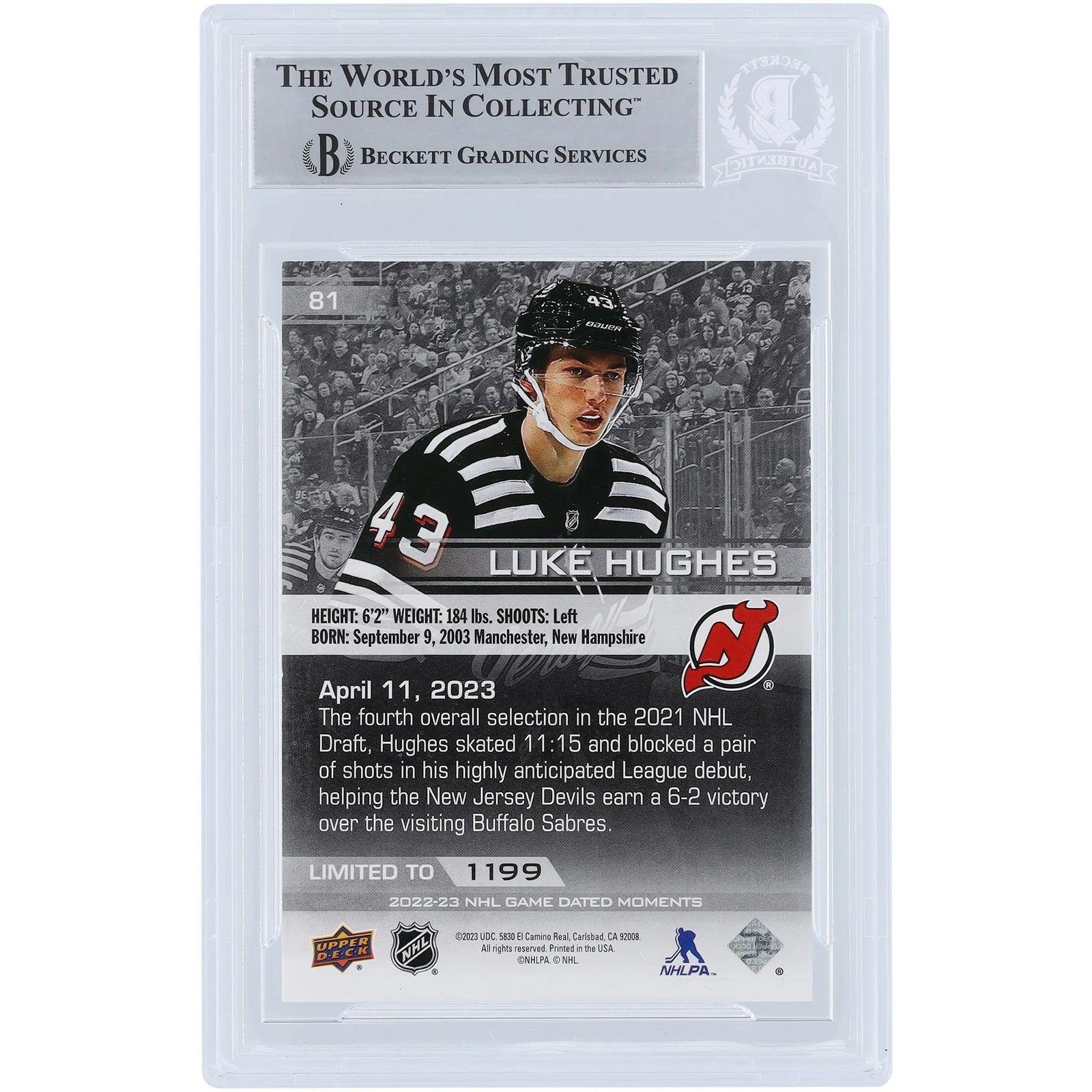 Luke Hughes Signed 2022-23 Upper Deck Game Dated Moments Rookie #81 Card | NHL Debut