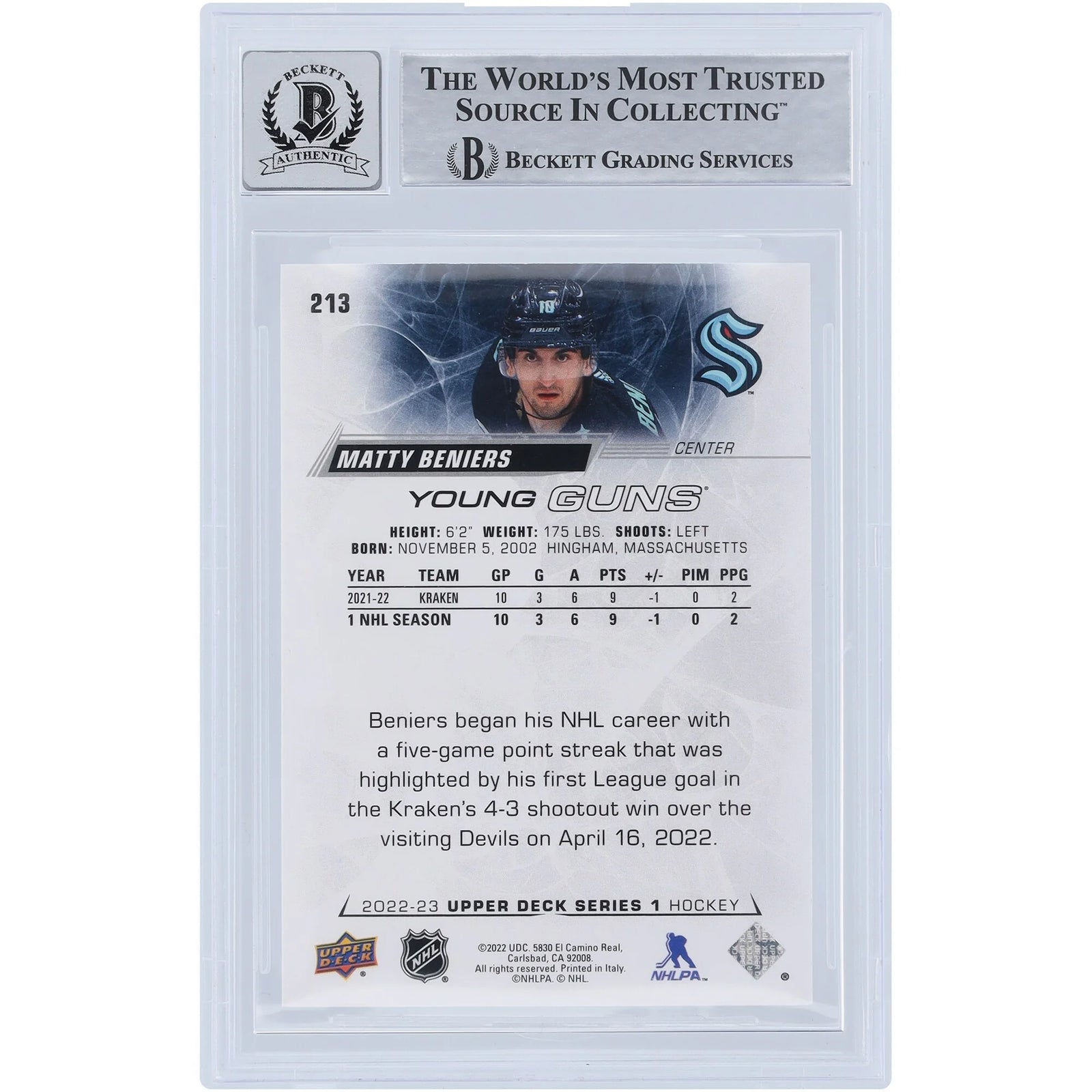 2023 Matty Beniers Signed 2022-23 Upper Deck Young Guns #213 | Graded 10 Rookie Card