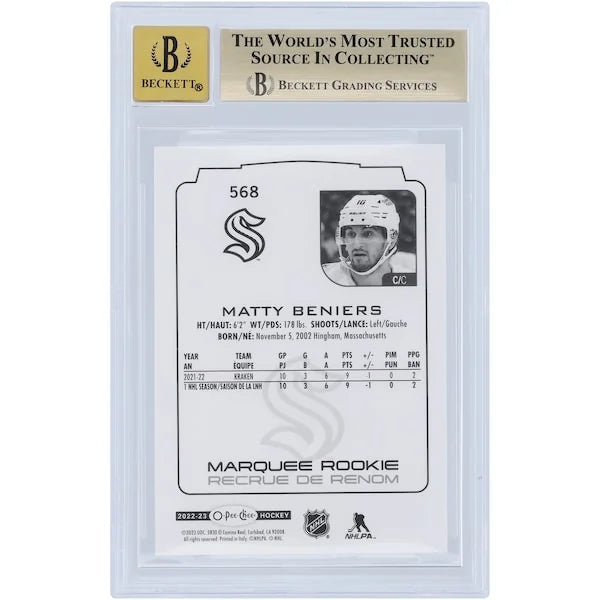 Matty Beniers Signed 2022-23 Upper Deck O-Pee-Chee Marquee Rookies #568 | Beckett 9.5
