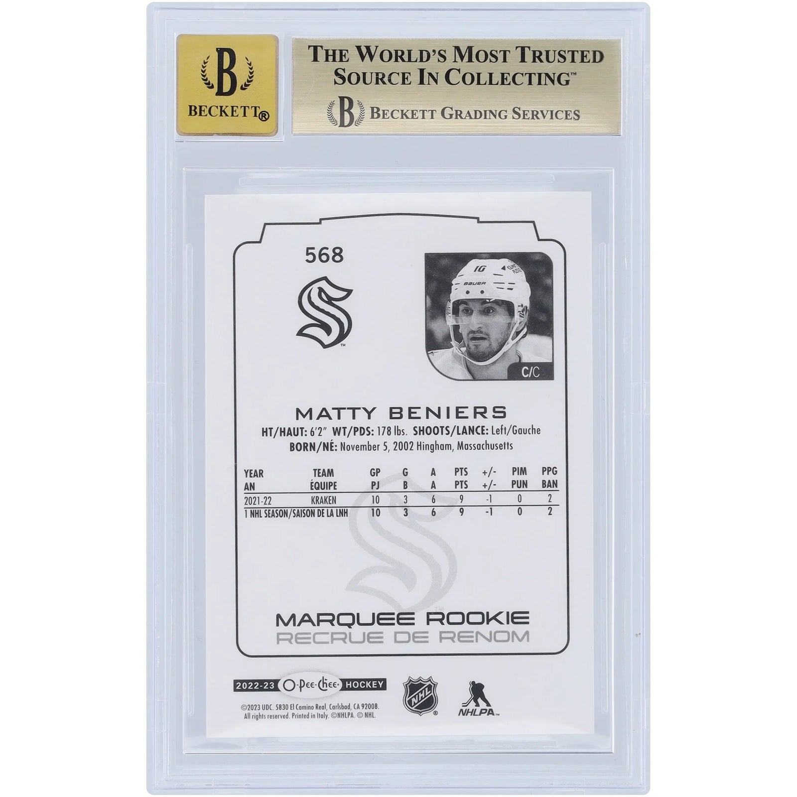 Matty Beniers Signed 2022-23 Upper Deck O-Pee-Chee Marquee Rookies #568 | Beckett 9.5