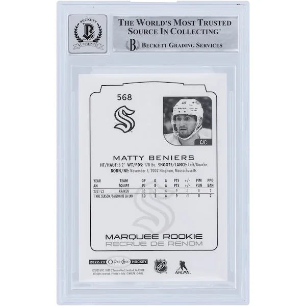 Matty Beniers Signed 2022-23 Upper Deck O-Pee-Chee Marquee Rookies #568 | Graded 10