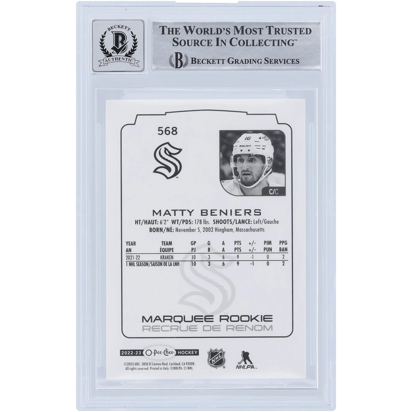 Matty Beniers Signed 2022-23 Upper Deck O-Pee-Chee Marquee Rookies #568 | Graded 10