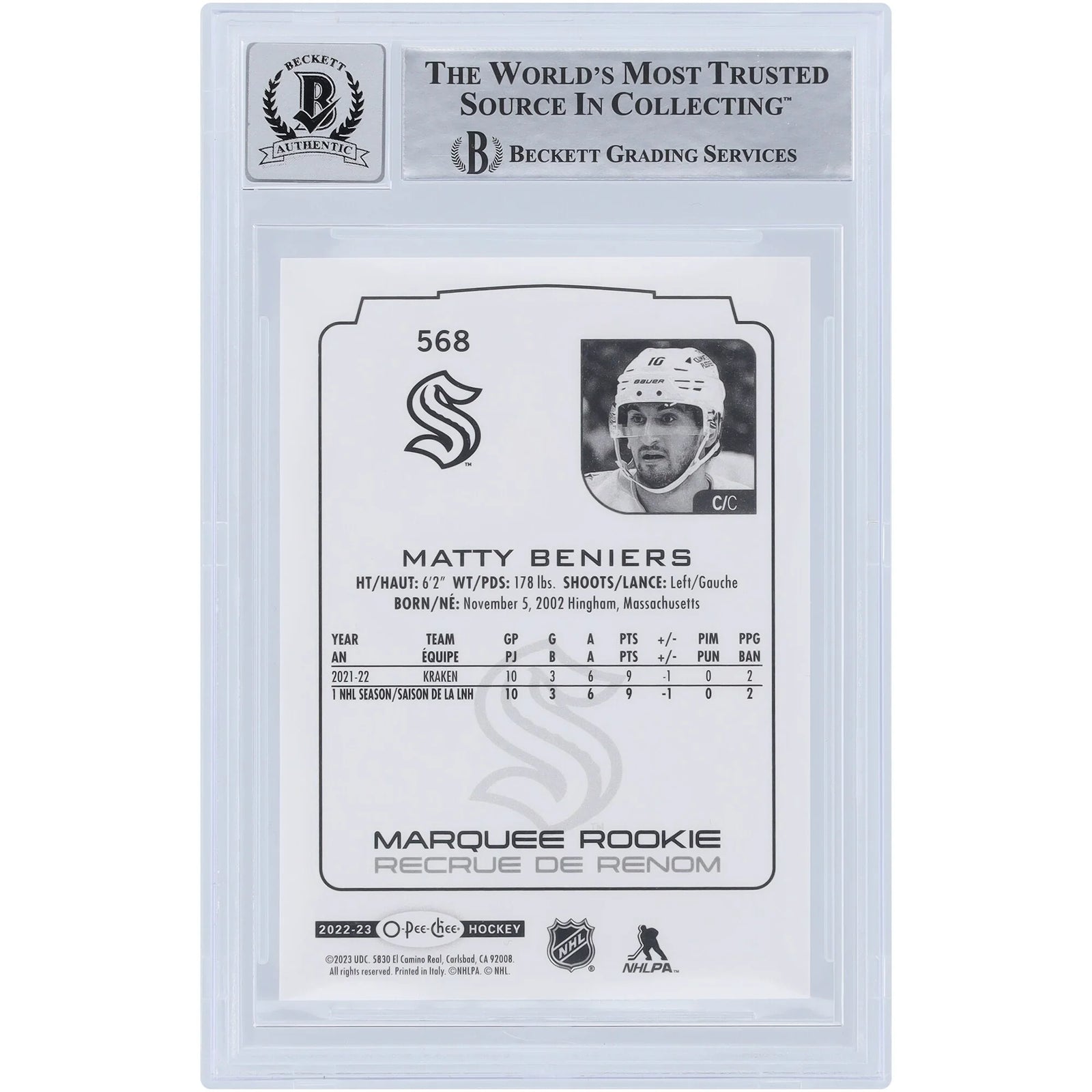 Matty Beniers Signed 2022-23 Upper Deck O-Pee-Chee Rookie #568 Card | Beckett 9