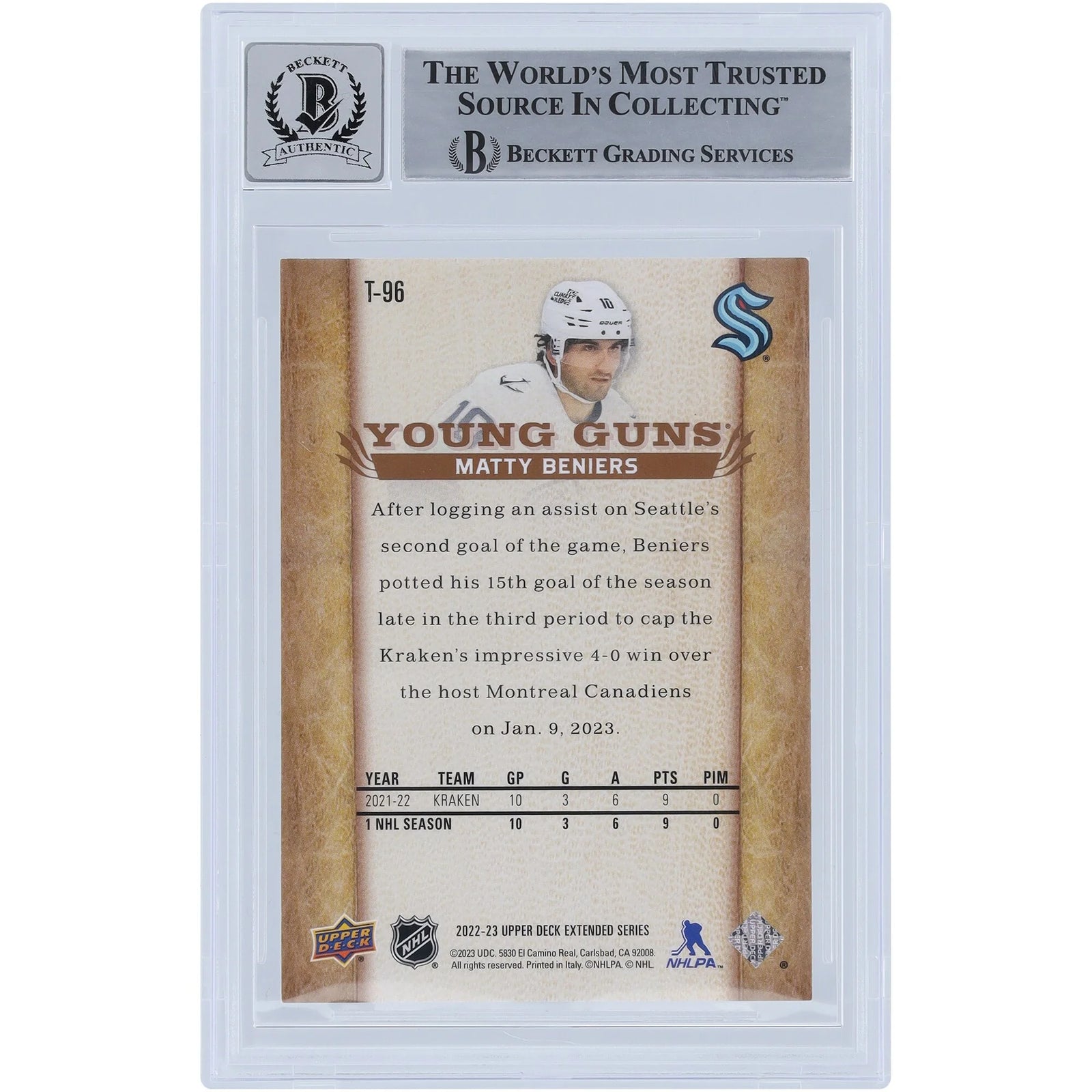 Matty Beniers Signed 2022-23 Upper Deck Young Guns Rookie Card | Graded 10
