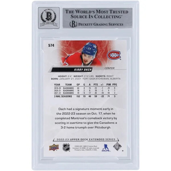 Kirby Dach Signed 2022-23 Upper Deck Extended Series #574 Card | Beckett 10