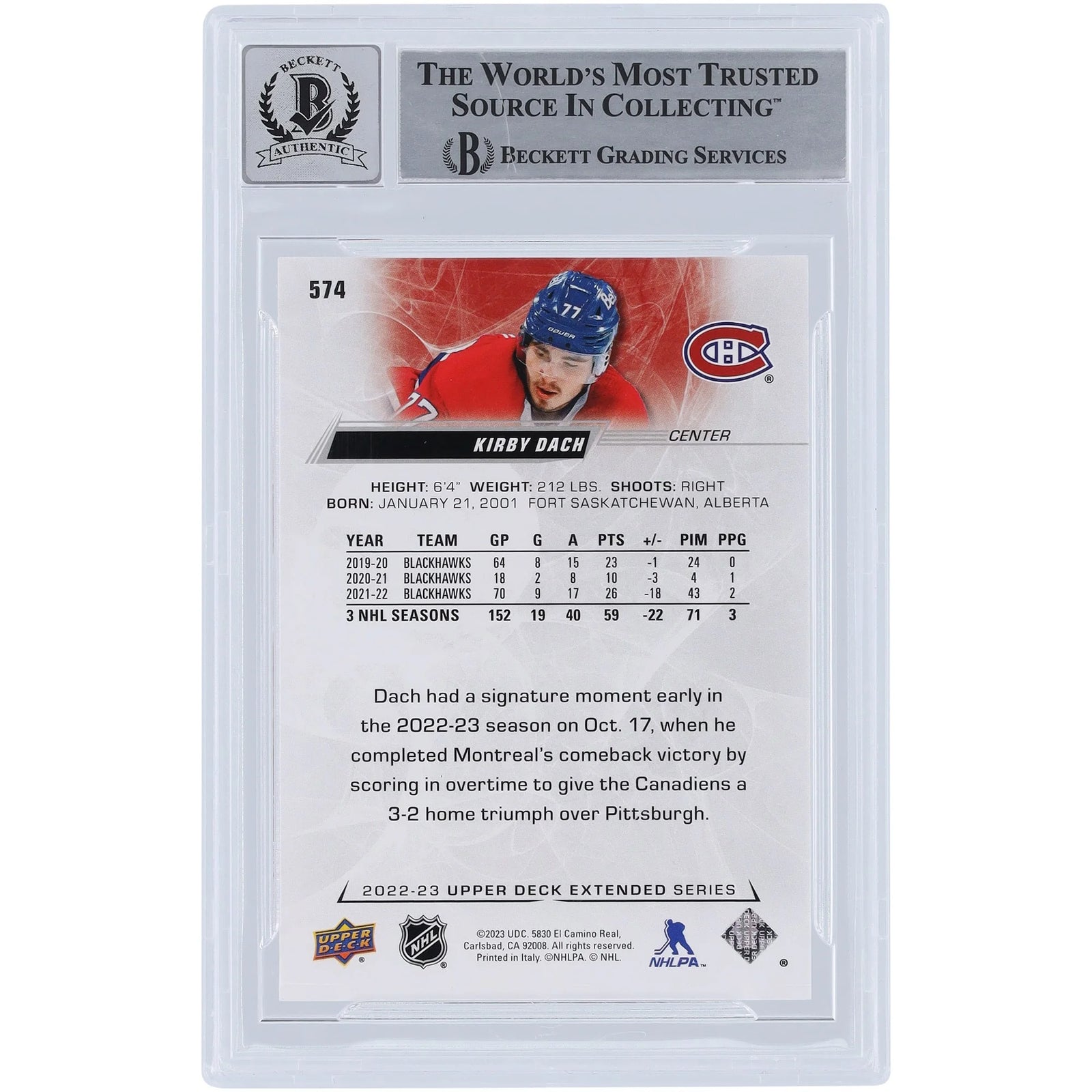 Kirby Dach Signed 2022-23 Upper Deck Extended Series #574 Card | Beckett 10