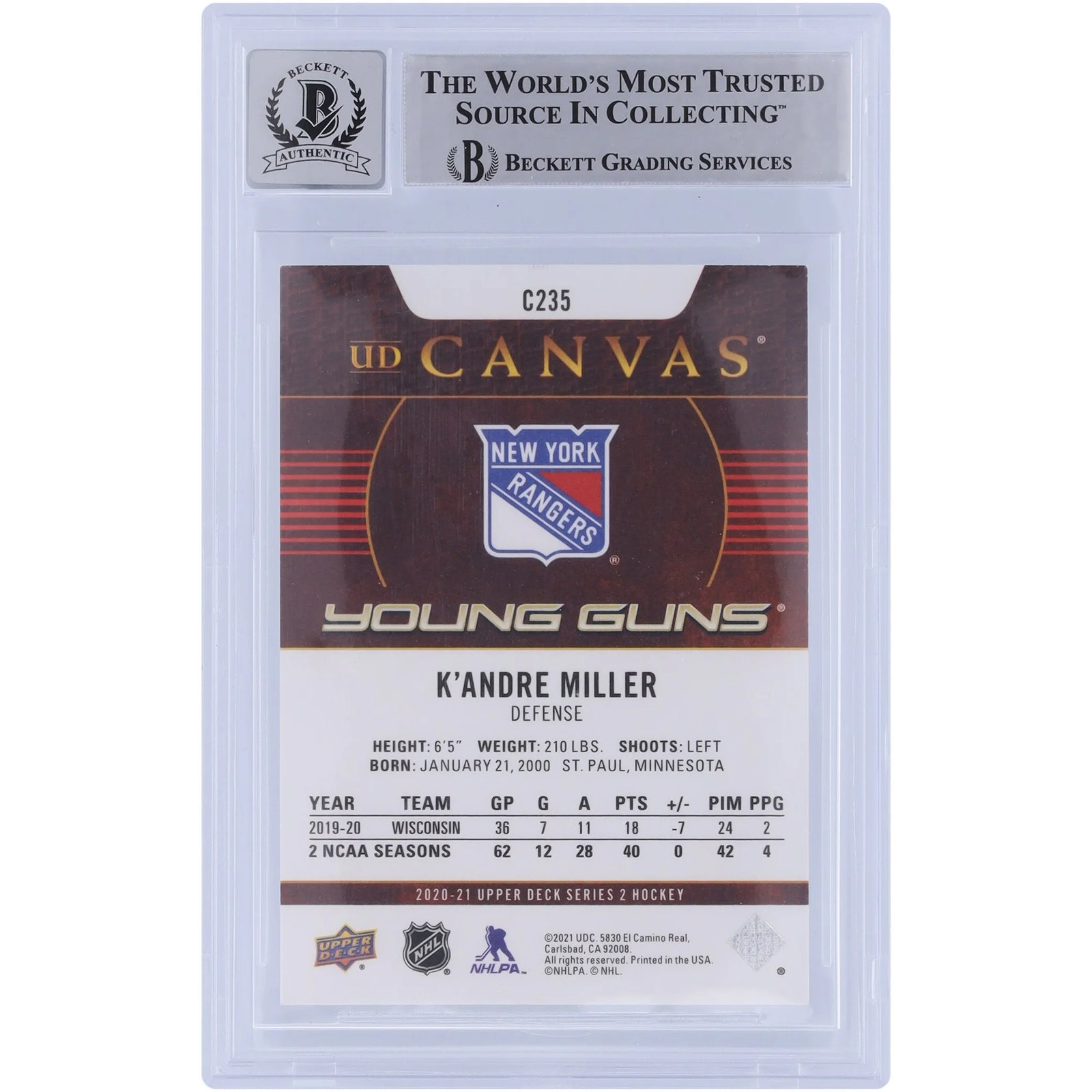 K'Andre Miller Signed 2020-21 Upper Deck Young Guns Canvas #C235 | Beckett Authenticated