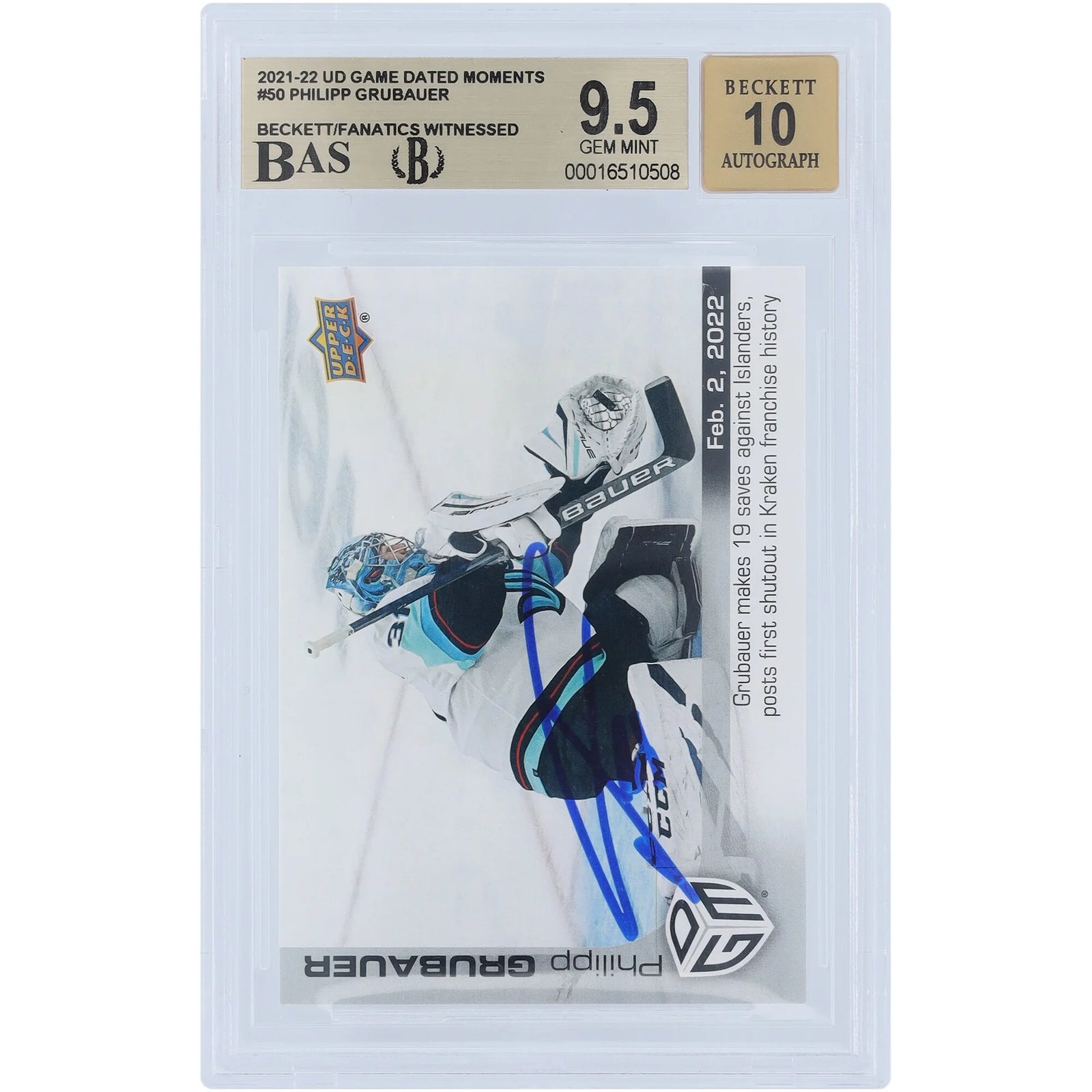 Philipp Grubauer Signed 2021-22 Upper Deck #50 Card | Beckett 9.5