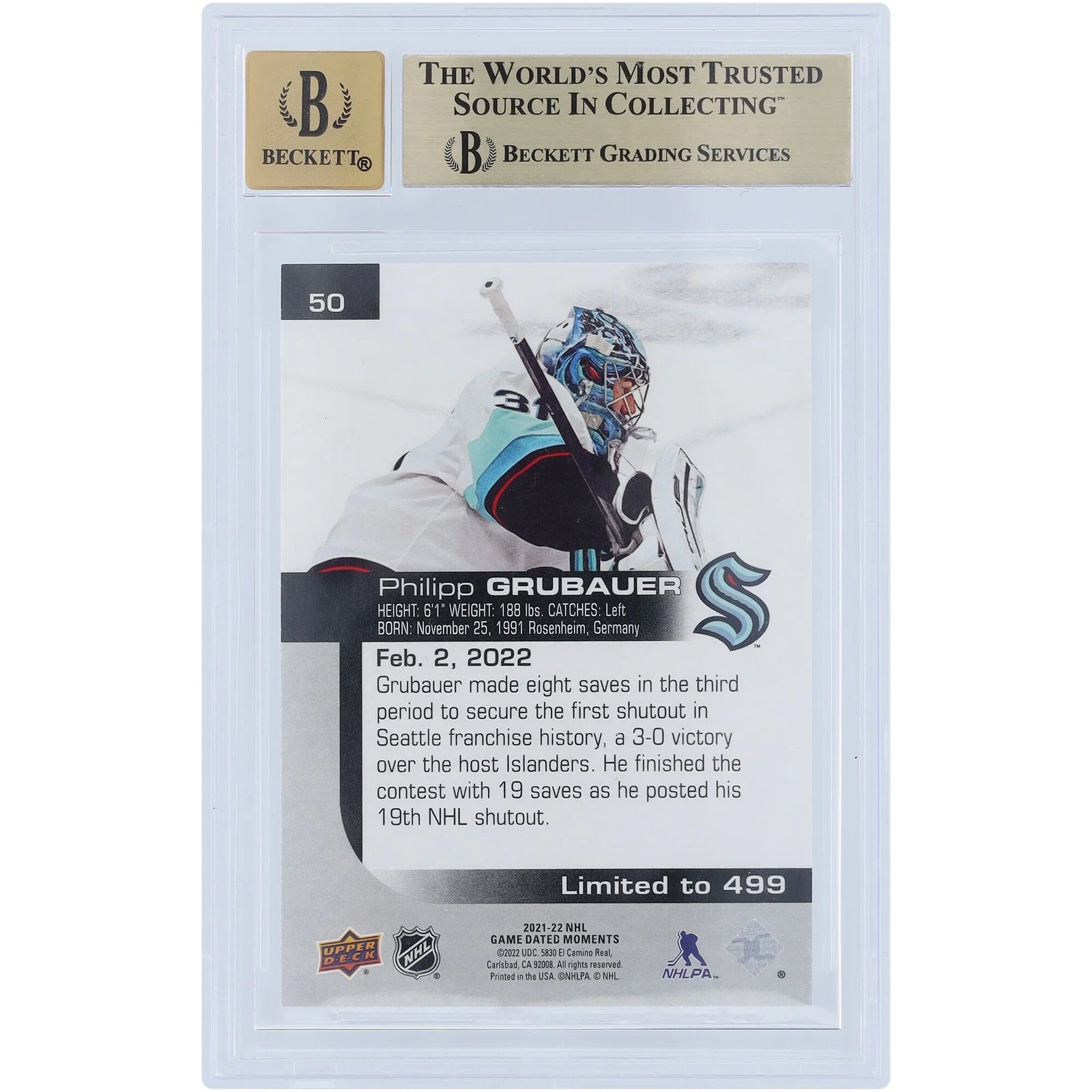 Philipp Grubauer Signed 2021-22 Upper Deck #50 Card | Beckett 9.5