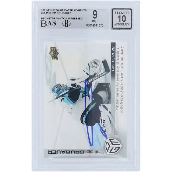 Philipp Grubauer Signed 2021-22 Upper Deck Game Dated Moments #50 Card | Beckett Graded 9