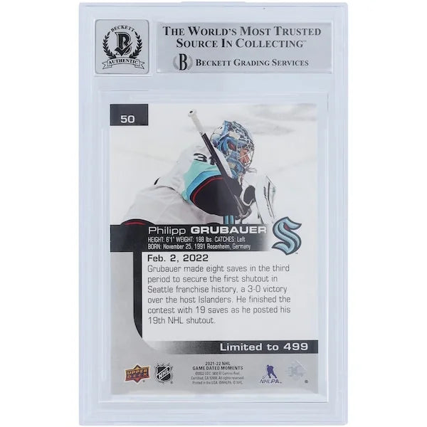 Philipp Grubauer Signed 2021-22 Upper Deck Game Dated Moments #50 Card | Beckett Graded 9