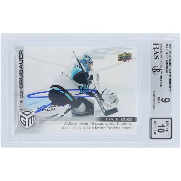 Philipp Grubauer Signed 2021-22 Upper Deck Game Dated Moments #50 Card | Beckett Graded 9