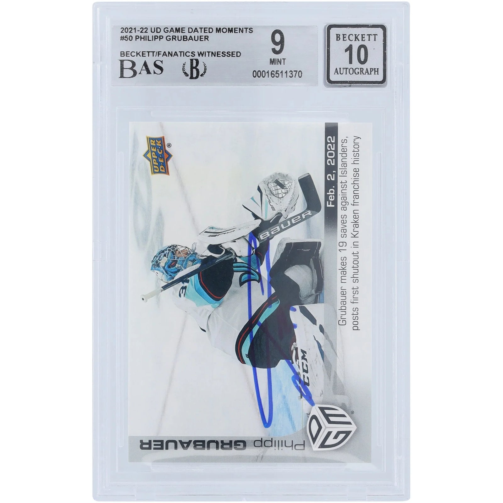 Philipp Grubauer Signed 2021-22 Upper Deck Game Dated Moments #50 Card | Beckett Graded 9