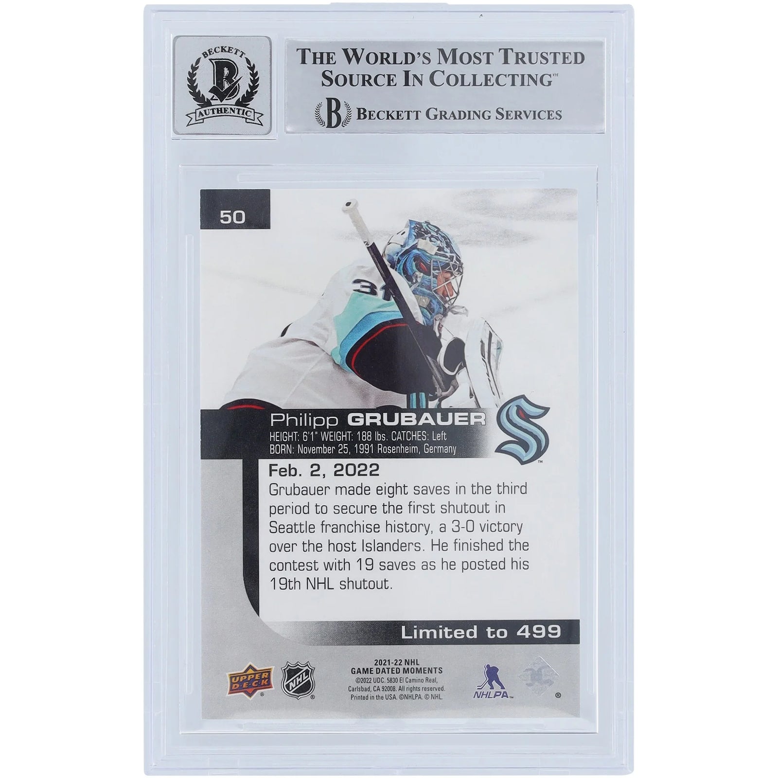 Philipp Grubauer Signed 2021-22 Upper Deck Game Dated Moments #50 Card | Beckett Graded 9