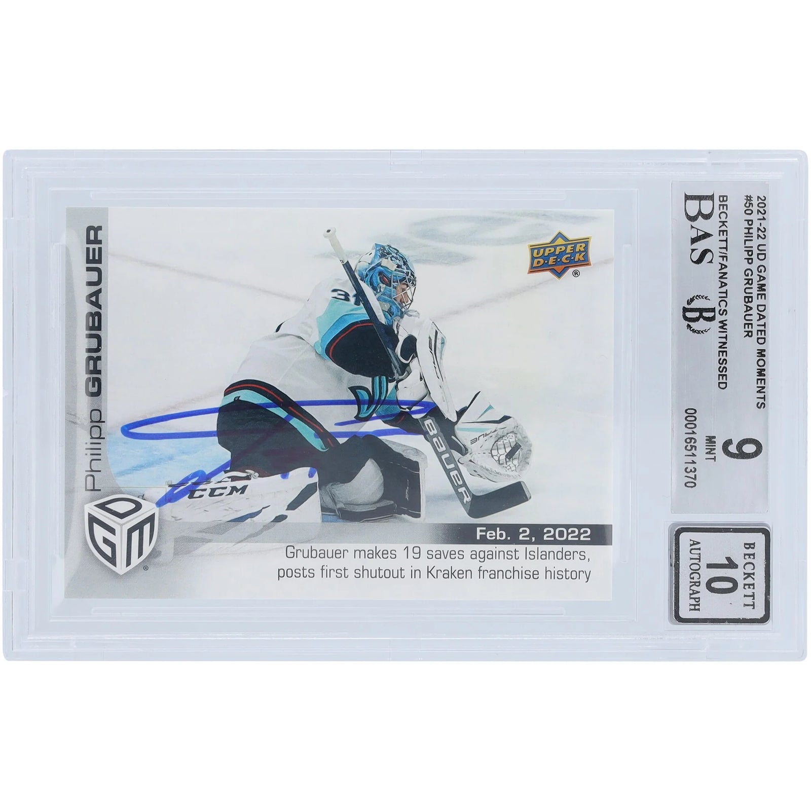Philipp Grubauer Signed 2021-22 Upper Deck Game Dated Moments #50 Card | Beckett Graded 9