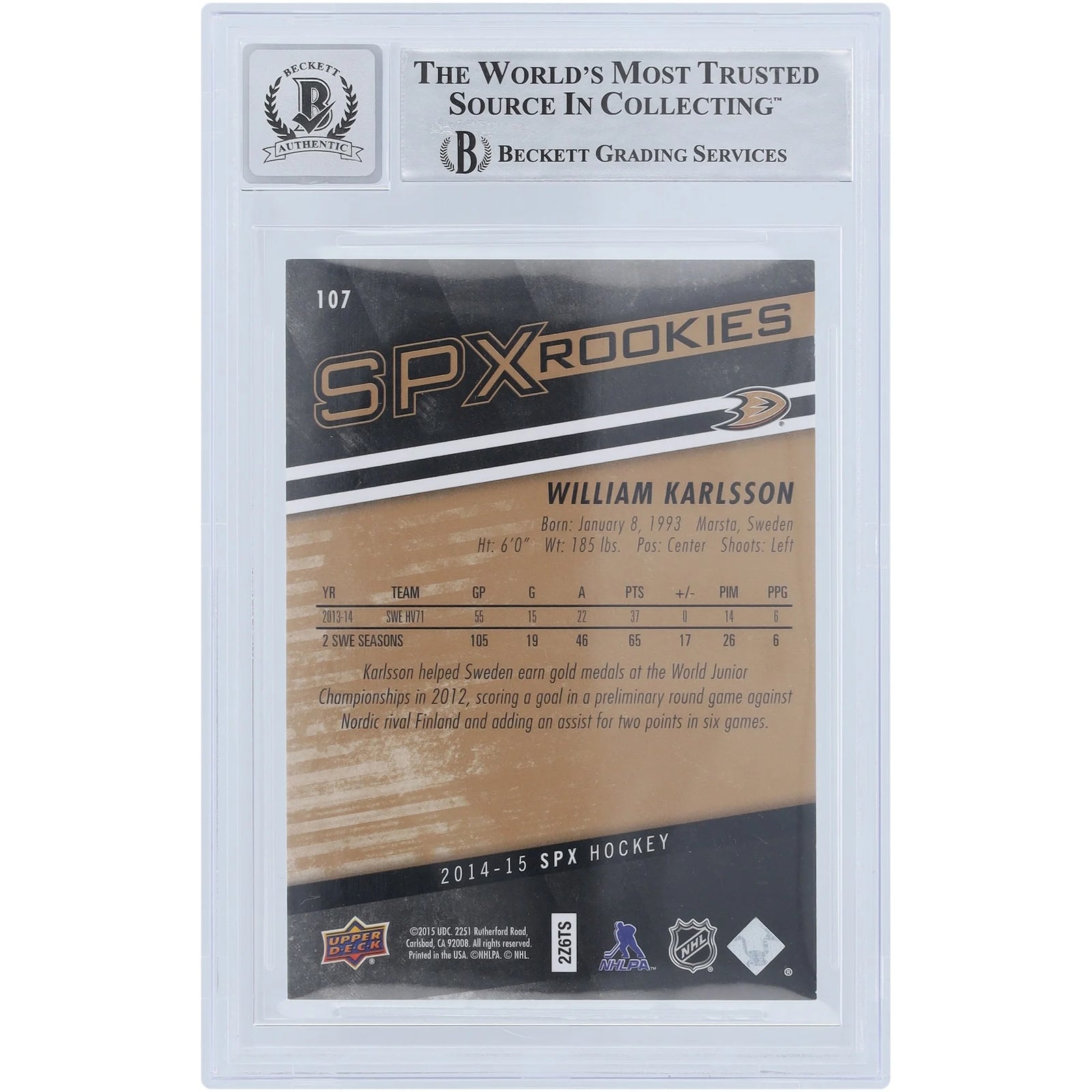 William Karlsson Signed 2014-15 Upper Deck SPX Rookies #107 Card | Beckett Authenticated 9