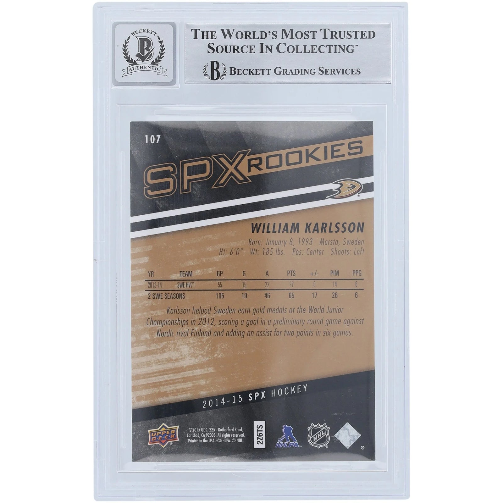 William Karlsson Signed 2014-15 Upper Deck SPX Rookies #107 Card | Graded 10