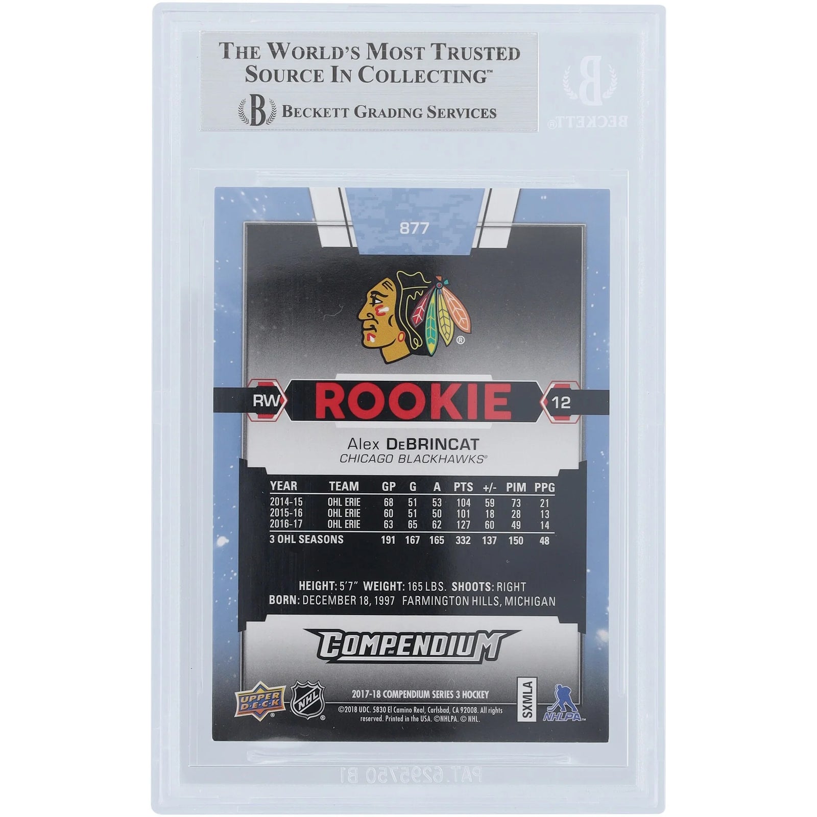 Alex DeBrincat Signed 2017-18 Upper Deck Compendium Blue Rookie Card #877 | Beckett Authen