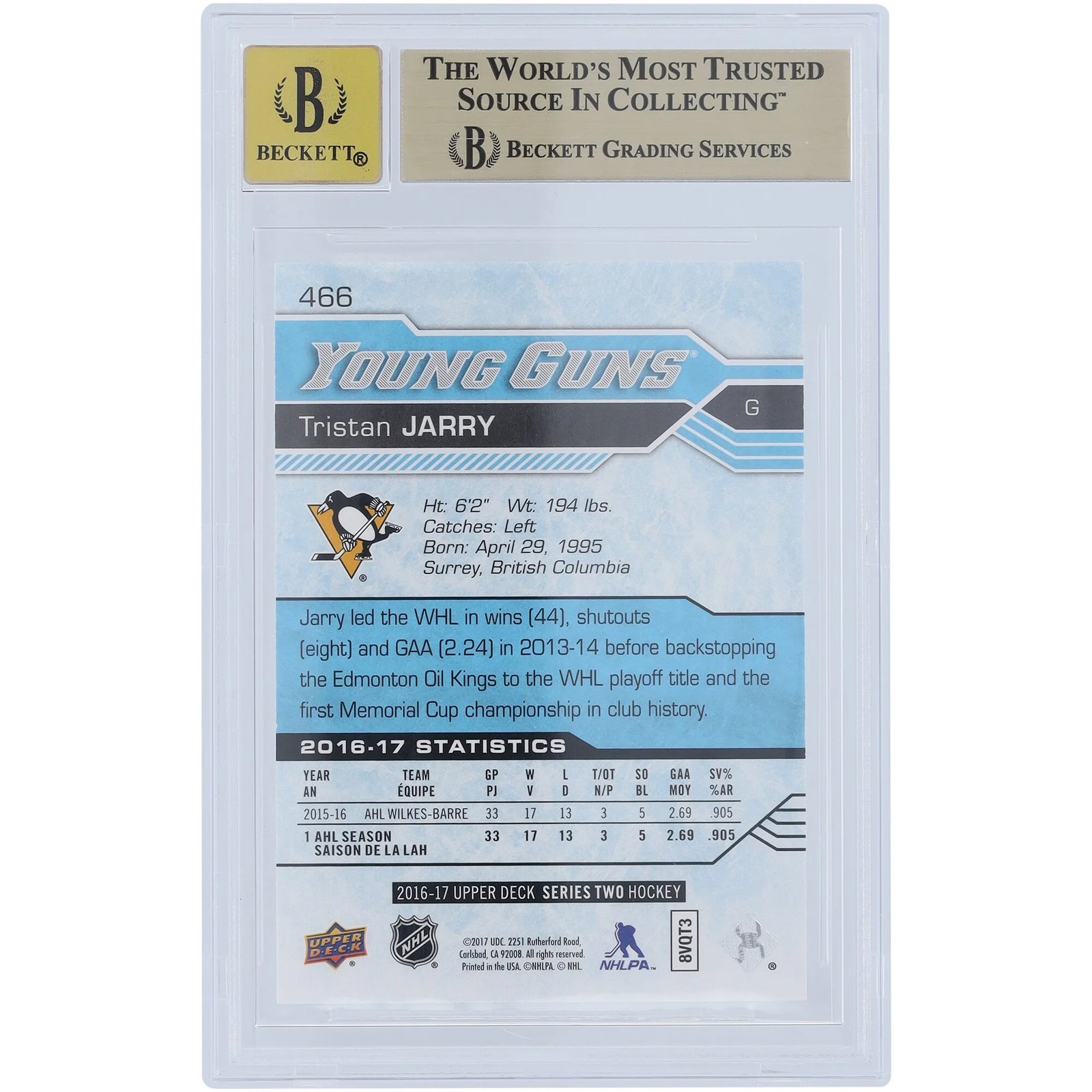 Tristan Jarry Signed 2016-17 Upper Deck Young Guns #466 | Graded 9.5 Rookie Card