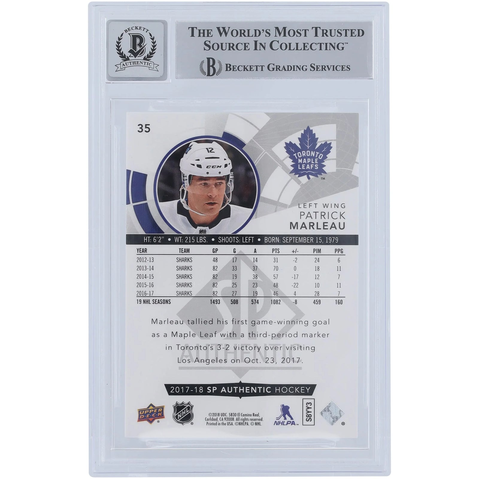 Patrick Marleau Signed 2017-18 Upper Deck SP Authentic #35 | Beckett 10