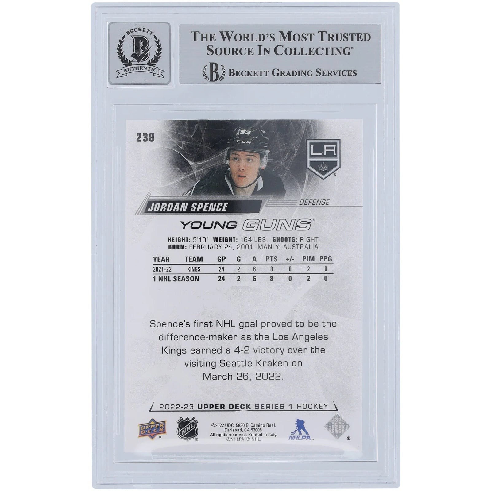 Jordan Spence Signed 2022-23 Upper Deck Young Guns #238 | Beckett 9 Rookie Card