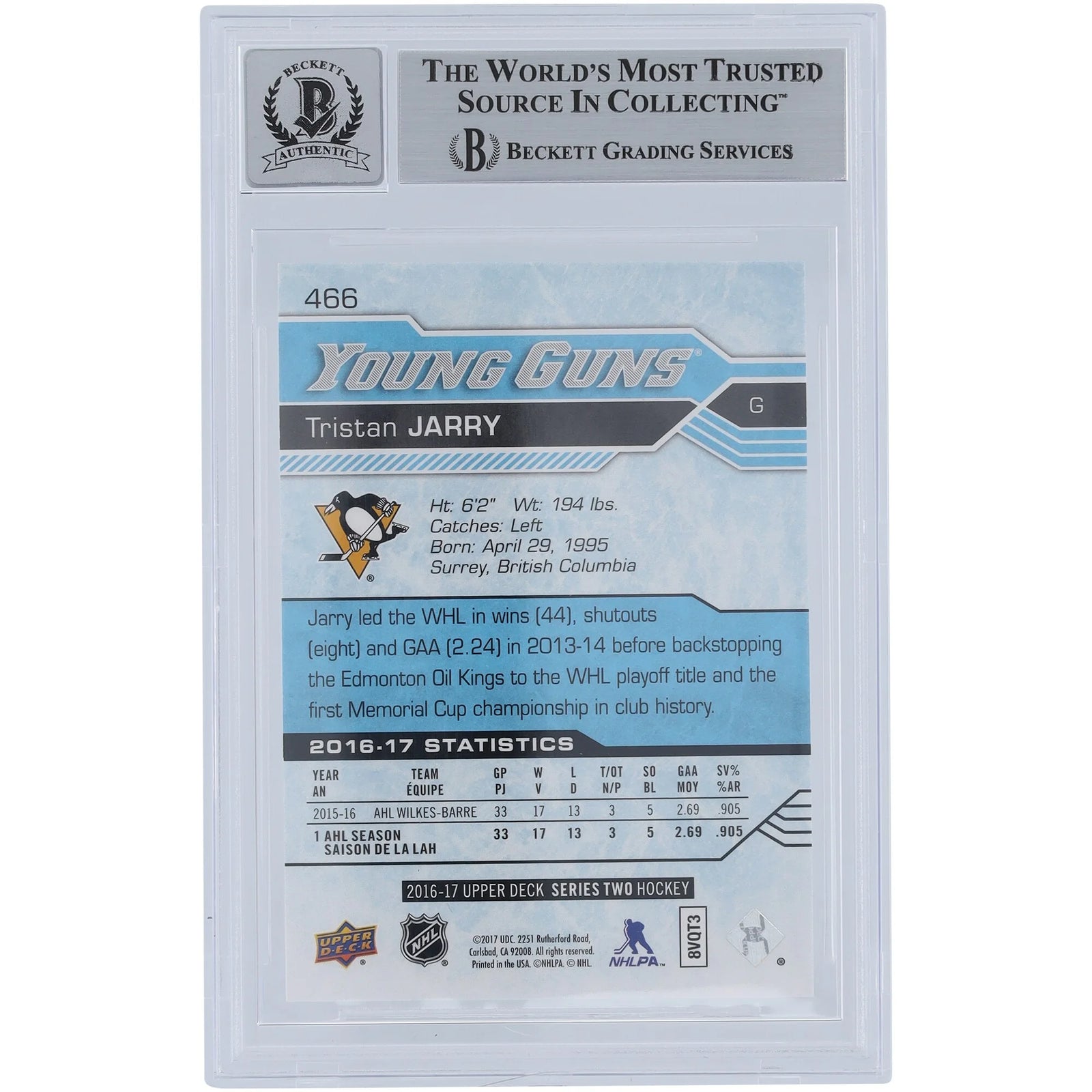 Tristan Jarry Signed 2016-17 Upper Deck Young Guns #466 | Rookie Card