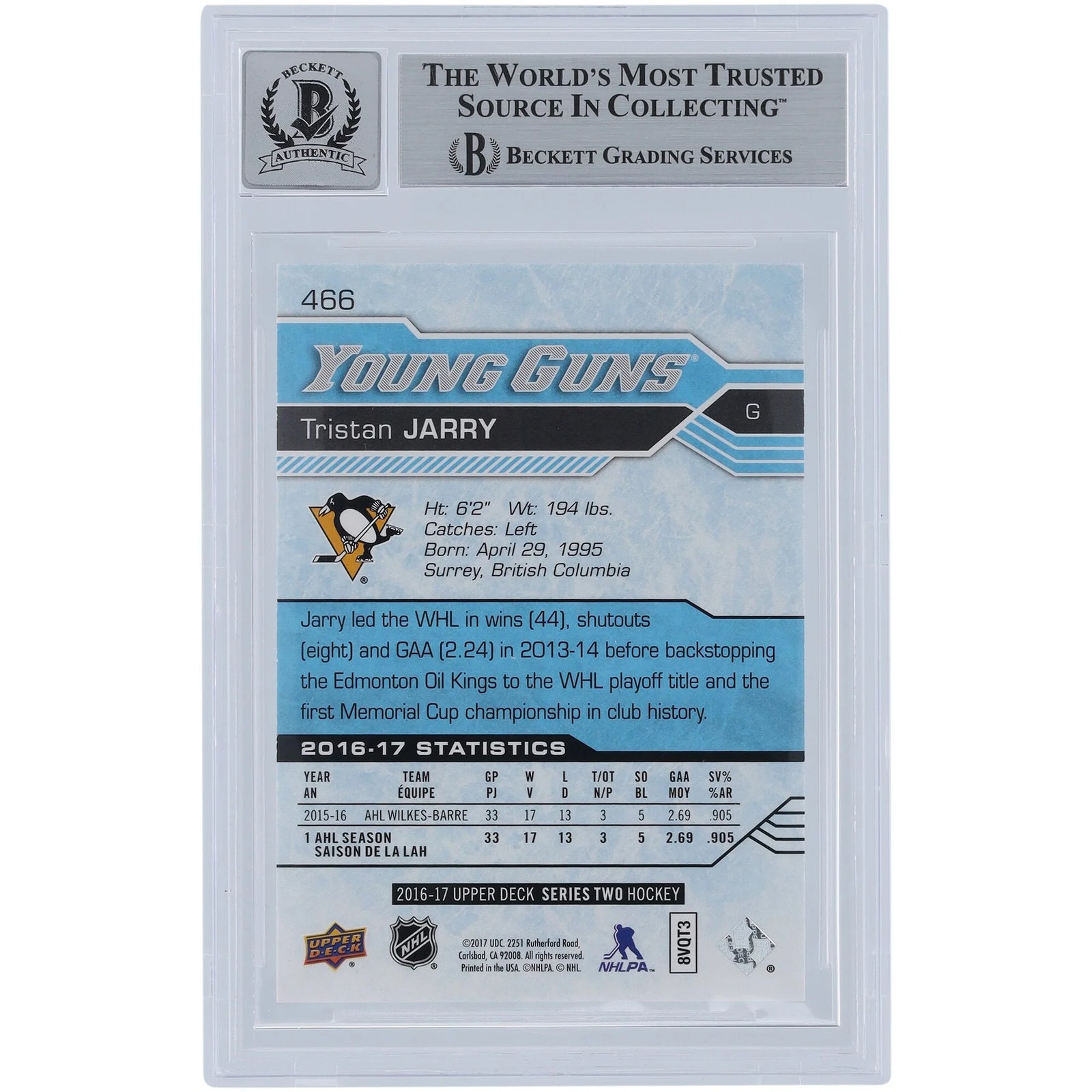Tristan Jarry Signed 2016-17 Upper Deck Young Guns #466 | Rookie Card