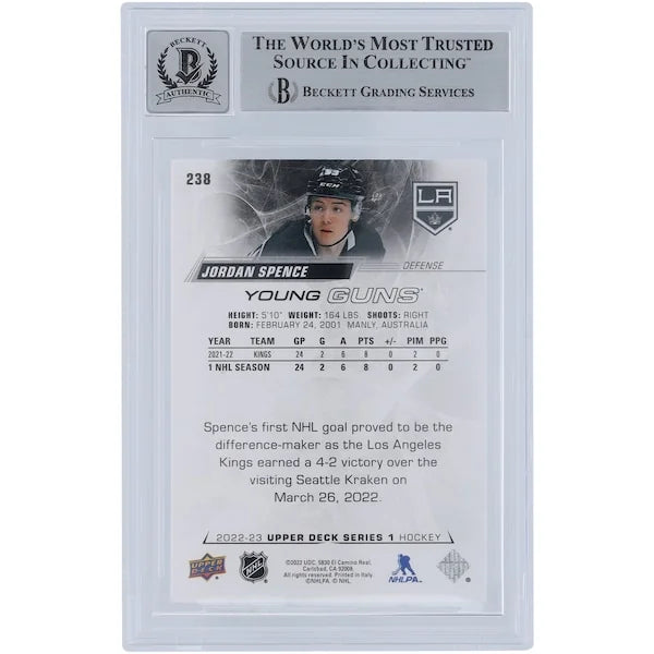 Jordan Spence Signed 2022-23 Upper Deck Young Guns Rookie #238 Card | Beckett 10