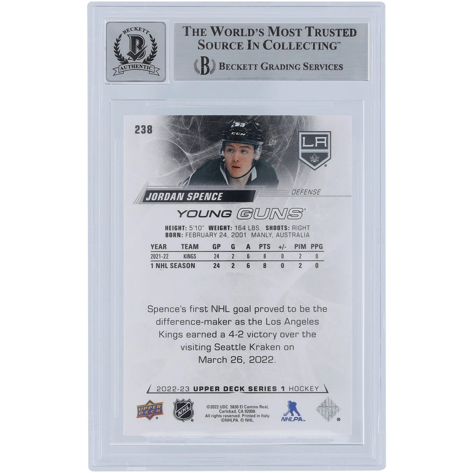 Jordan Spence Signed 2022-23 Upper Deck Young Guns Rookie #238 Card | Beckett 10