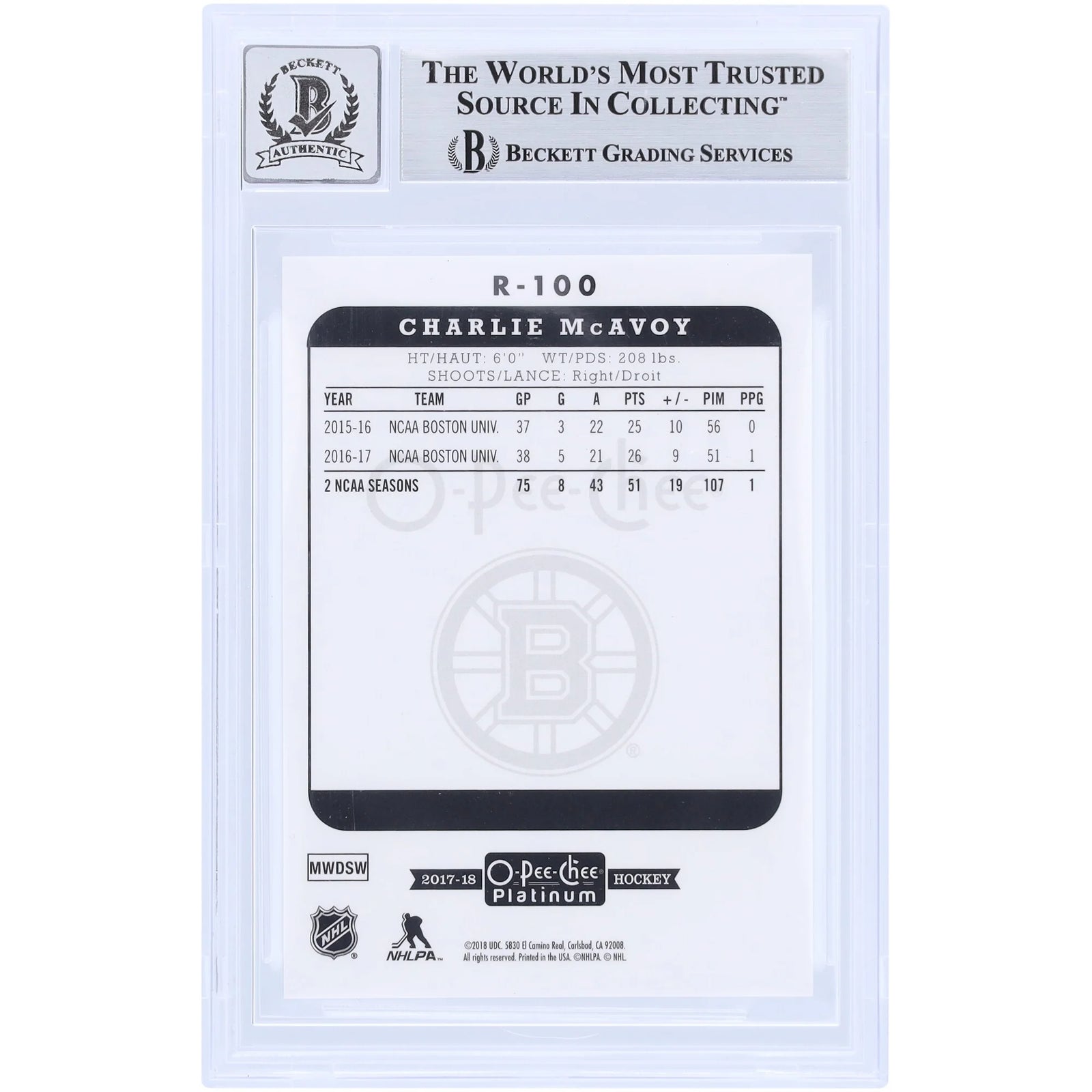 Charlie McAvoy Signed 2017-18 Upper Deck O-Pee-Chee Platinum Retro Rookie Card | Beckett A