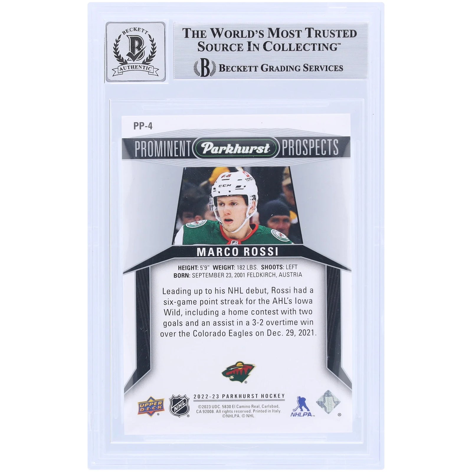 Marco Rossi Signed 2022-23 Upper Deck Parkhurst Rookie Card | Beckett 9
