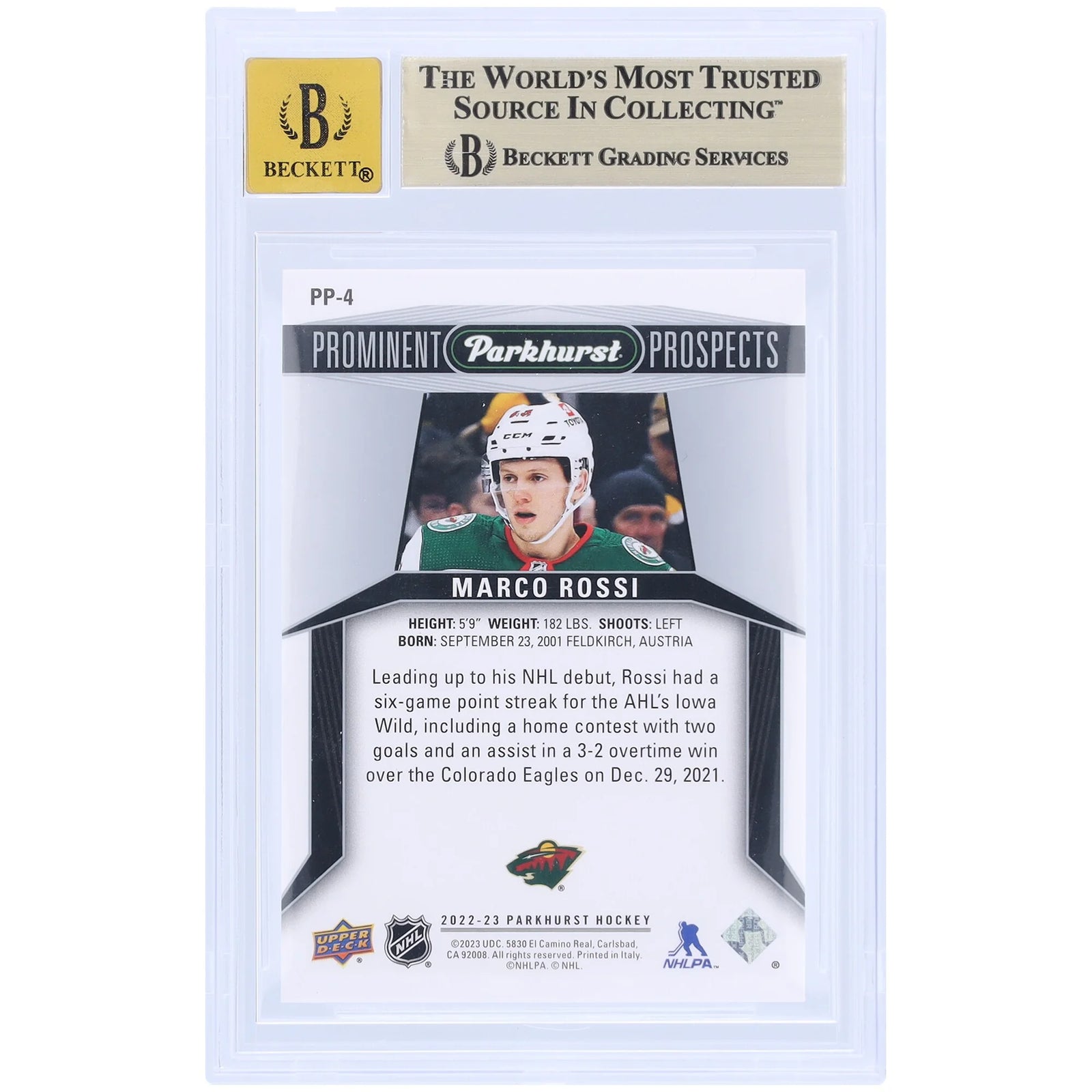 Marco Rossi Signed 2022-23 Upper Deck Parkhurst Rookie Card | Beckett 9.5