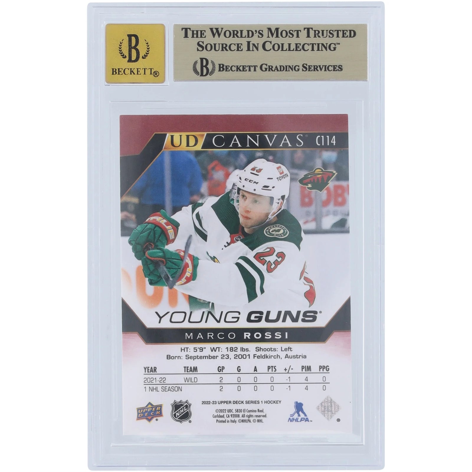 Marco Rossi Signed 2022-23 Upper Deck Young Guns Canvas Rookie #C114 Card | Graded 9.5