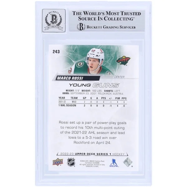 Marco Rossi Signed 2022-23 Upper Deck Young Guns #243 | Beckett Authenticated 9