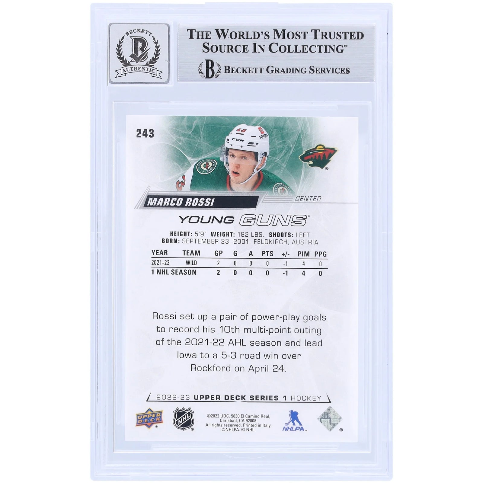 Marco Rossi Signed 2022-23 Upper Deck Young Guns #243 | Beckett Authenticated 9